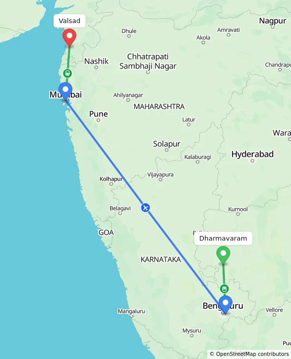 Route map showing distance and travel time from Dharmavaram, India to Valsad, India