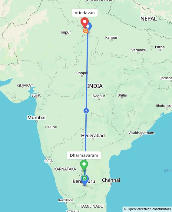 Route map showing distance and travel time from Dharmavaram, India to Vrindavan, India