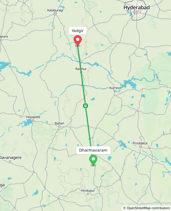 Route map showing distance and travel time from Dharmavaram, India to Yadgir, India