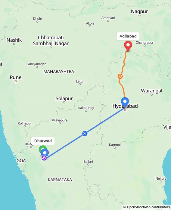Route map showing distance and travel time from Dharwad, India to Adilabad, India