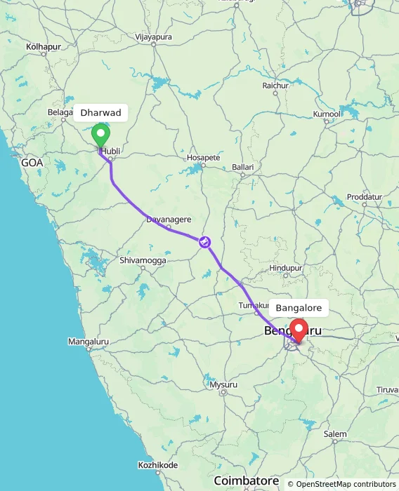Route map showing distance and travel time from Dharwad, India to Bangalore, India