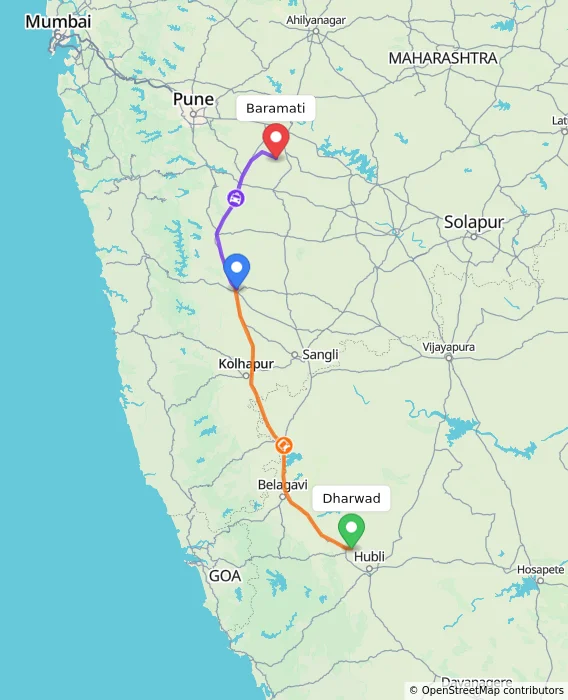 Route map showing distance and travel time from Dharwad, India to Baramati, India