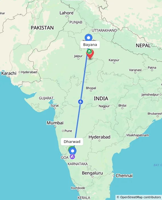 Route map showing distance and travel time from Dharwad, India to Bayana, India