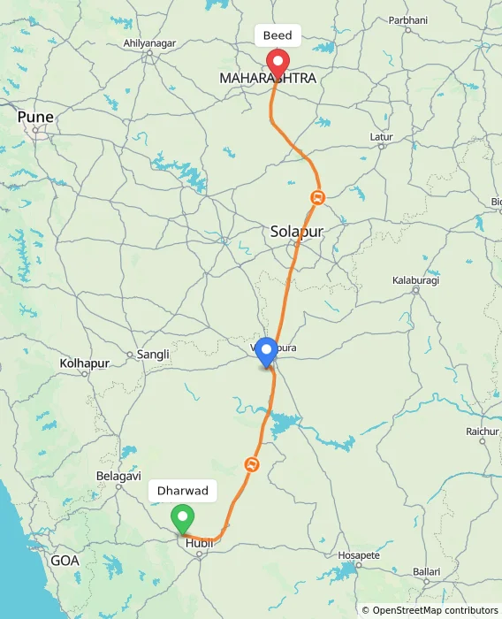 Route map showing distance and travel time from Dharwad, India to Beed, India
