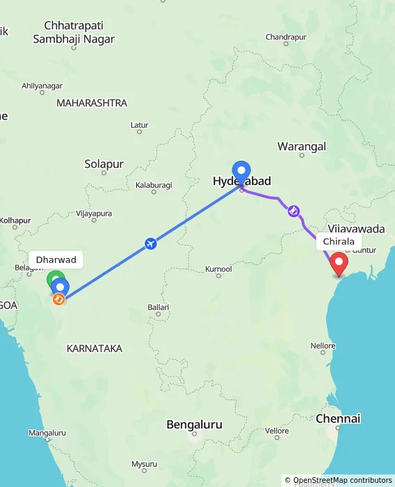 Route map showing distance and travel time from Dharwad, India to Chirala, India