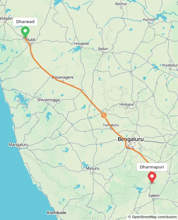 Route map showing distance and travel time from Dharwad, India to Dharmapuri, India