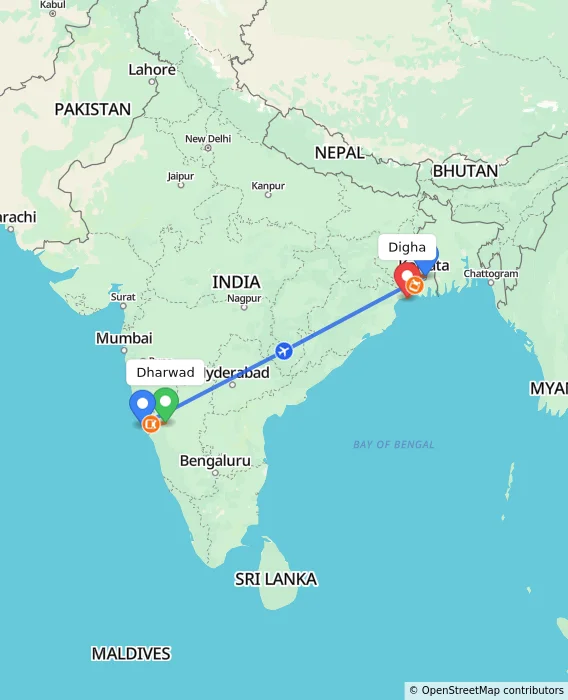 Route map showing distance and travel time from Dharwad, India to Digha, India