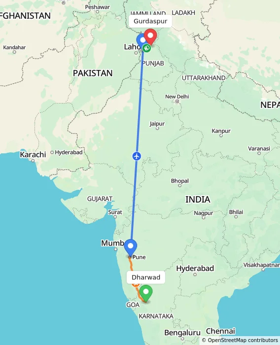 Route map showing distance and travel time from Dharwad, India to Gurdaspur, India