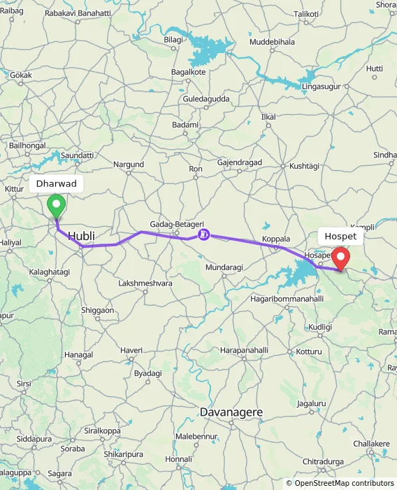 Route map showing distance and travel time from Dharwad, India to Hospet, India