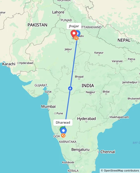Route map showing distance and travel time from Dharwad, India to Jhajjar, India