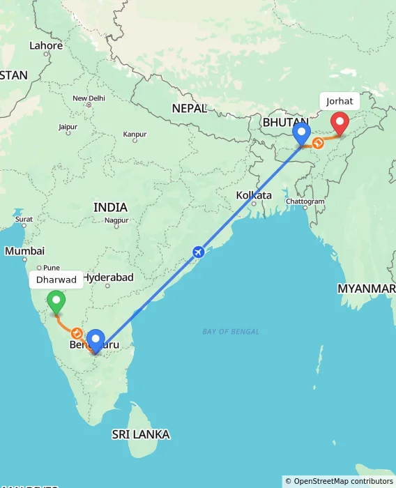 Route map showing distance and travel time from Dharwad, India to Jorhat, India