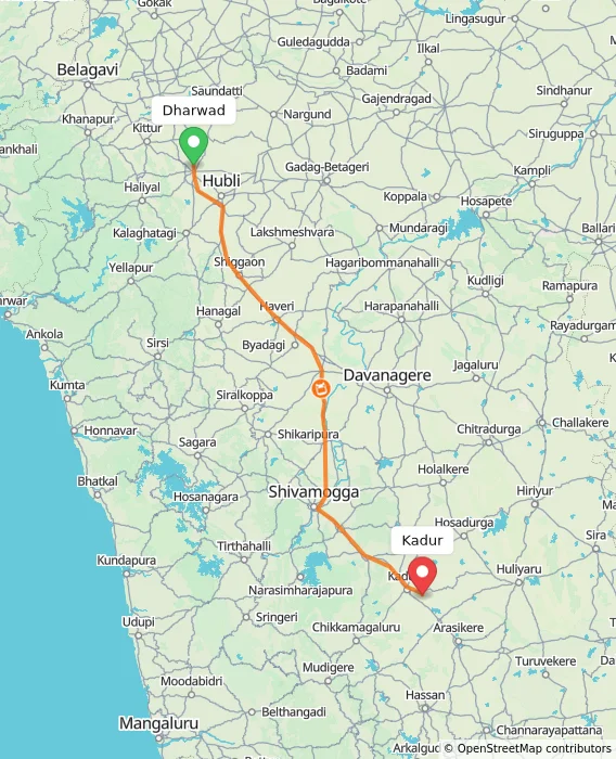 Route map showing distance and travel time from Dharwad, India to Kadur, India