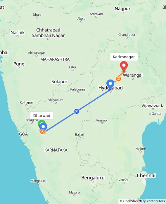 Route map showing distance and travel time from Dharwad, India to Karimnagar, India