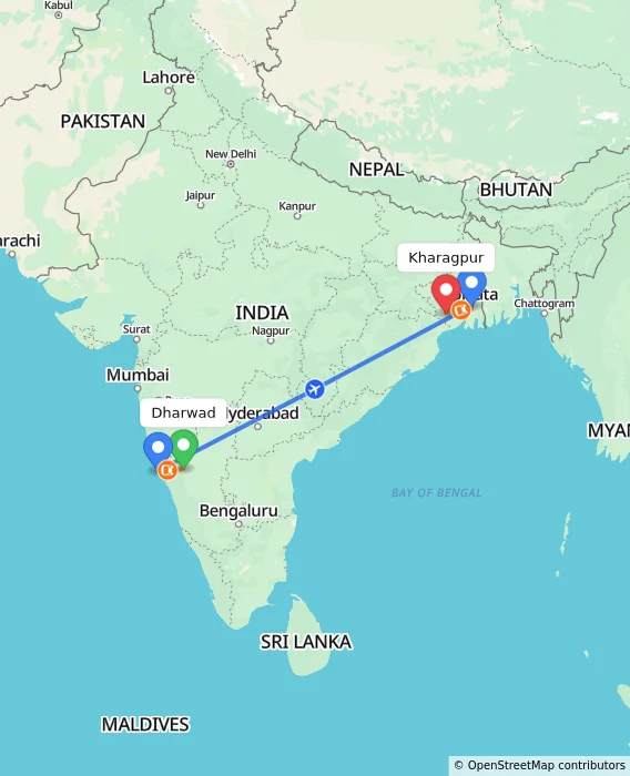 Route map showing distance and travel time from Dharwad, India to Kharagpur, India