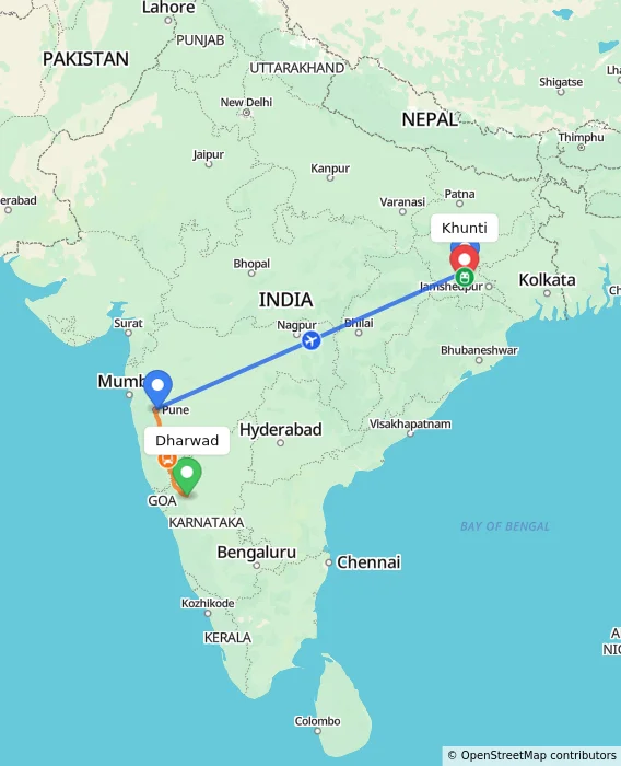 Route map showing distance and travel time from Dharwad, India to Khunti, India