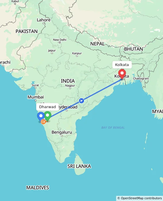 Route map showing distance and travel time from Dharwad, India to Kolkata, India