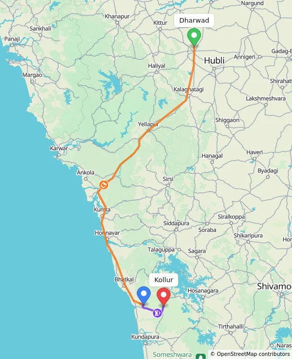Route map showing distance and travel time from Dharwad, India to Kollur, India