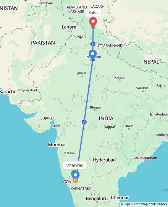 Route map showing distance and travel time from Dharwad, India to Kullu, India