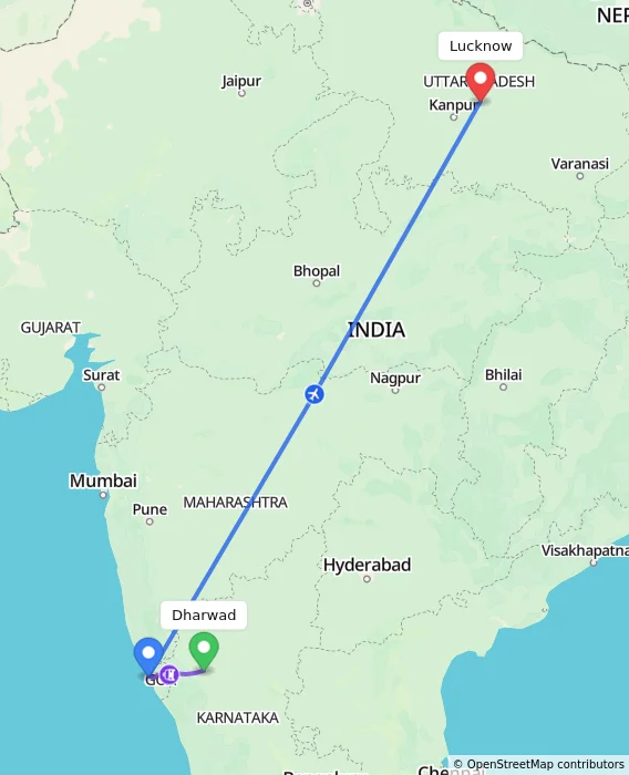 Route map showing distance and travel time from Dharwad, India to Lucknow, India