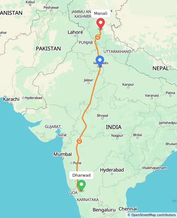 Route map showing distance and travel time from Dharwad, India to Manali, India