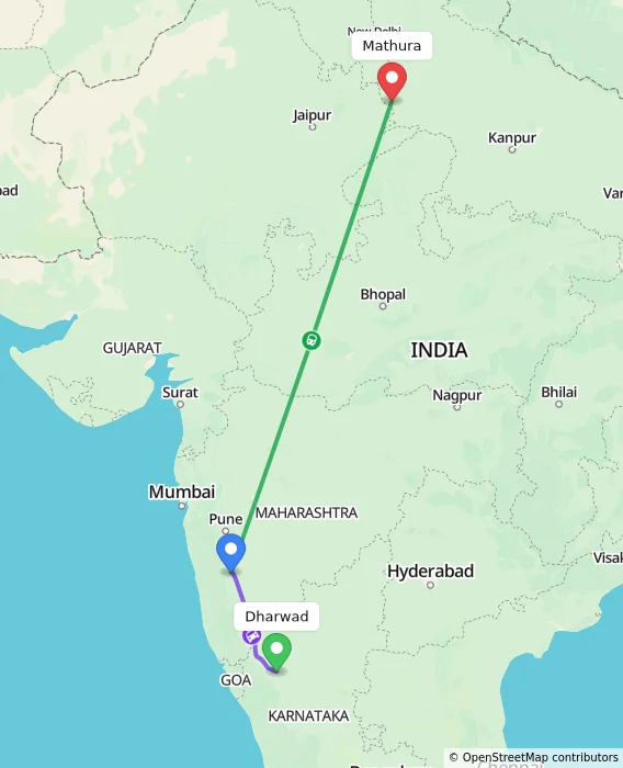 Route map showing distance and travel time from Dharwad, India to Mathura, India