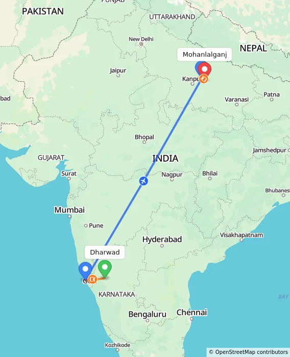 Route map showing distance and travel time from Dharwad, India to Mohanlalganj, India