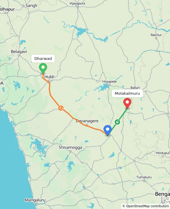 Route map showing distance and travel time from Dharwad, India to Molakalmuru, India