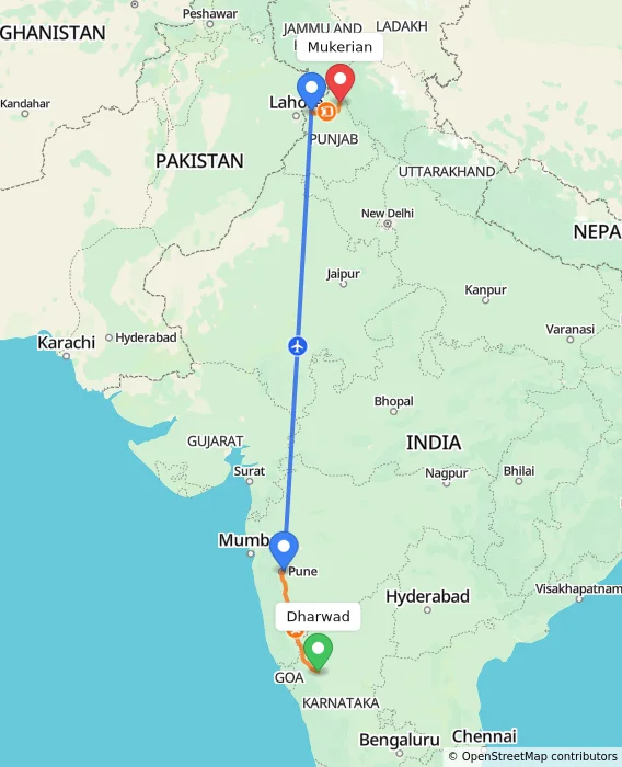 Route map showing distance and travel time from Dharwad, India to Mukerian, India