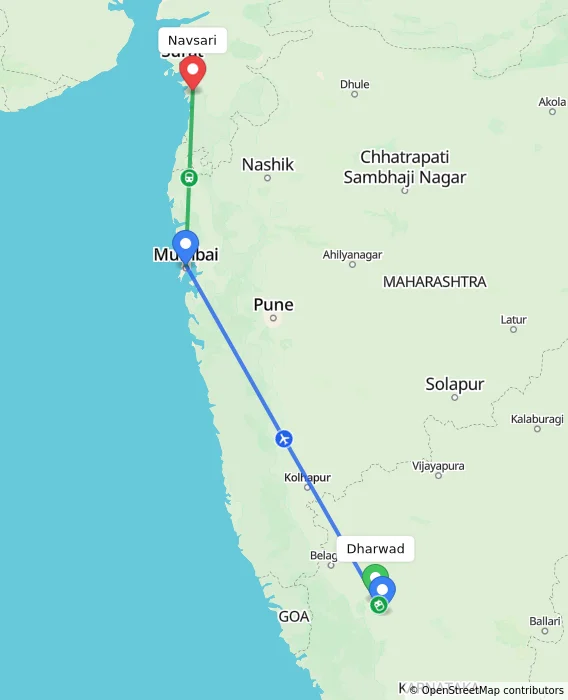 Route map showing distance and travel time from Dharwad, India to Navsari, India