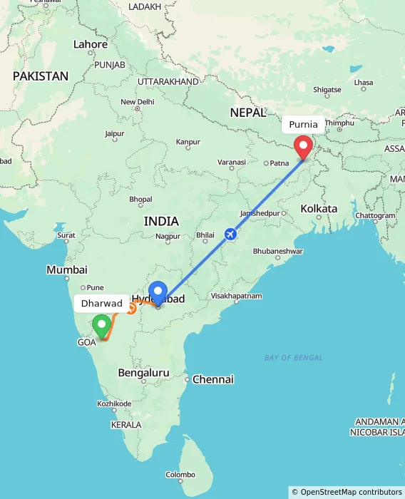 Route map showing distance and travel time from Dharwad, India to Purnia, India