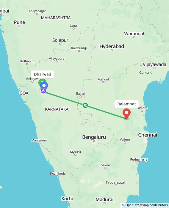 Route map showing distance and travel time from Dharwad, India to Rajampet, India