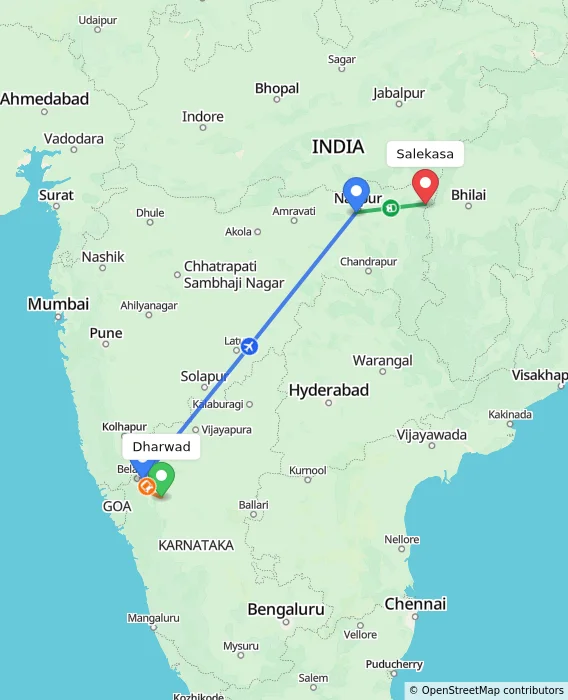 Route map showing distance and travel time from Dharwad, India to Salekasa, India