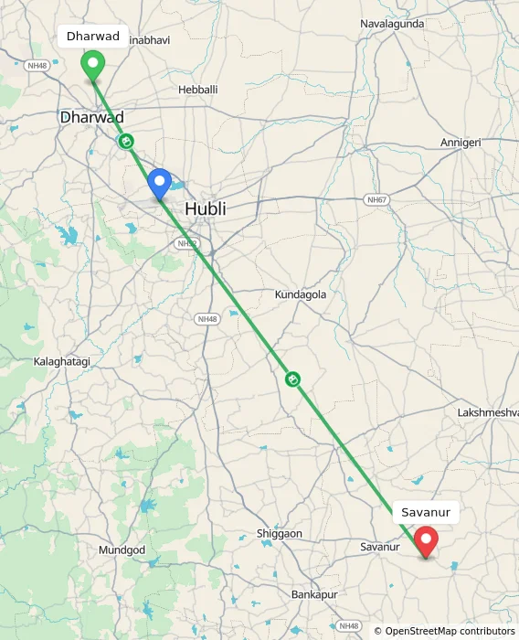 Route map showing distance and travel time from Dharwad, India to Savanur, India