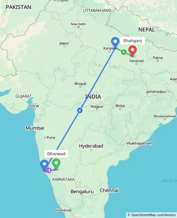 Route map showing distance and travel time from Dharwad, India to Shahganj, India