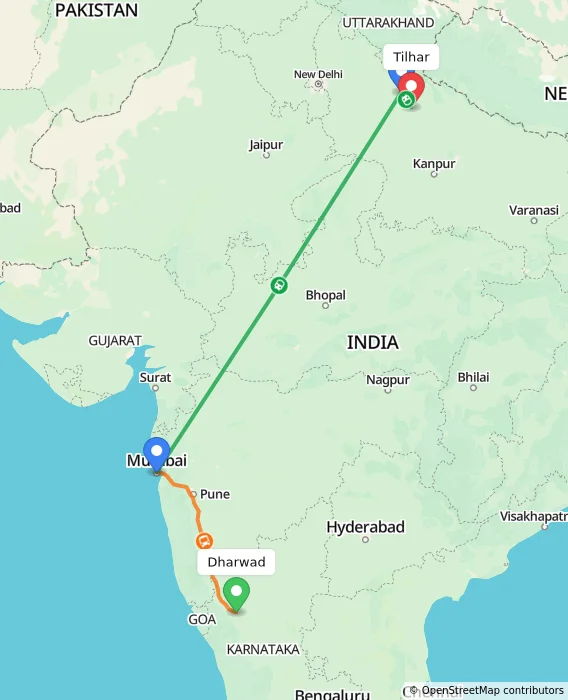 Route map showing distance and travel time from Dharwad, India to Tilhar, India