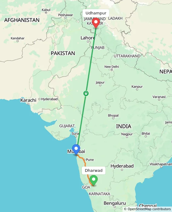 Route map showing distance and travel time from Dharwad, India to Udhampur, India