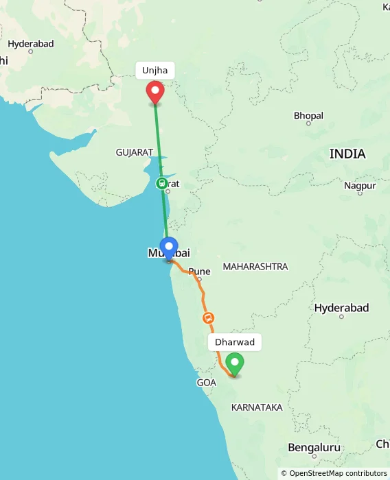 Route map showing distance and travel time from Dharwad, India to Unjha, India