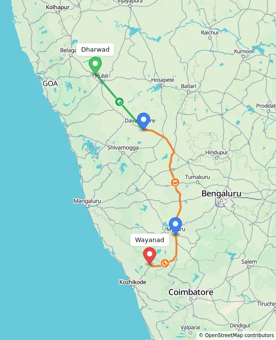 Route map showing distance and travel time from Dharwad, India to Wayanad, India
