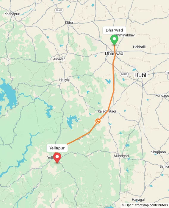 Route map showing distance and travel time from Dharwad, India to Yellapur, India