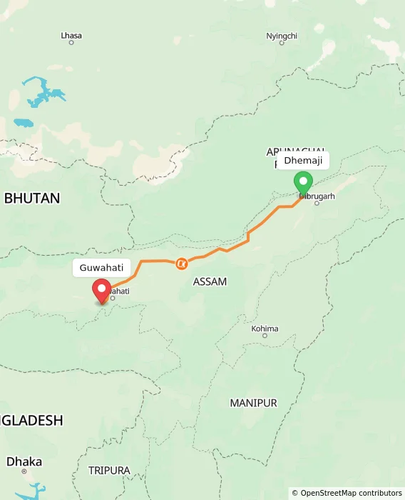 Route map showing distance and travel time from Dhemaji, India to Guwahati, India