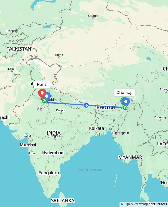 Route map showing distance and travel time from Dhemaji, India to Hansi, India