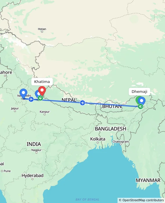 Route map showing distance and travel time from Dhemaji, India to Khatima, India