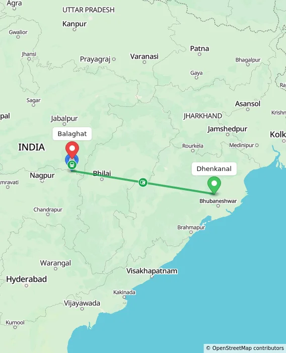 Route map showing distance and travel time from Dhenkanal, India to Balaghat, India