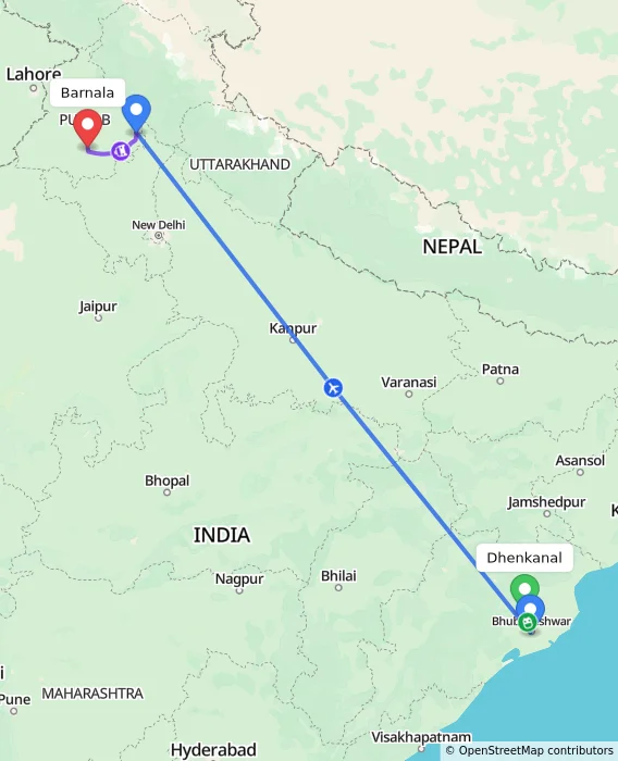 Route map showing distance and travel time from Dhenkanal, India to Barnala, India