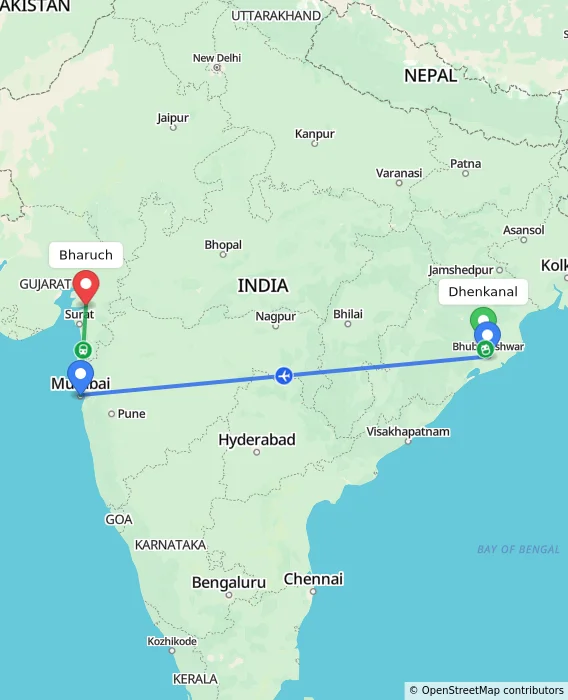 Route map showing distance and travel time from Dhenkanal, India to Bharuch, India
