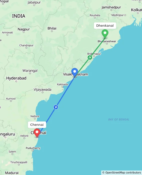 Route map showing distance and travel time from Dhenkanal, India to Chennai, India