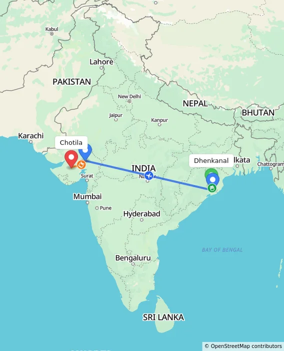 Route map showing distance and travel time from Dhenkanal, India to Chotila, India
