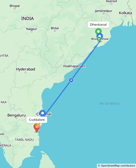 Route map showing distance and travel time from Dhenkanal, India to Cuddalore, India