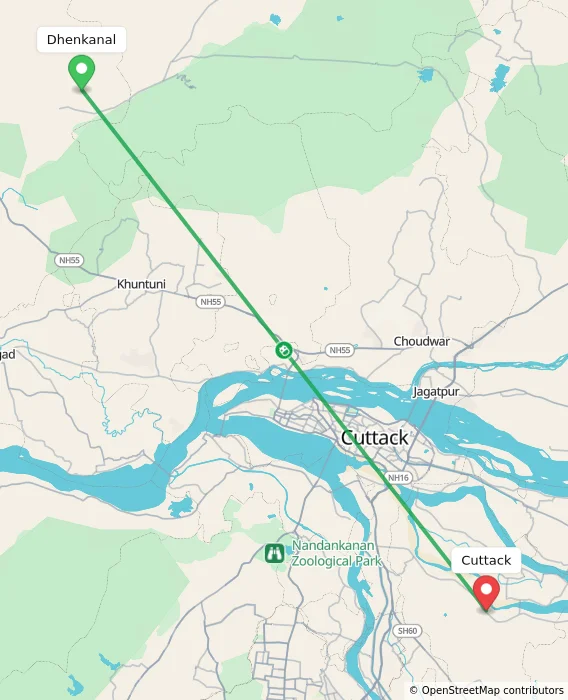 Route map showing distance and travel time from Dhenkanal, India to Cuttack, India