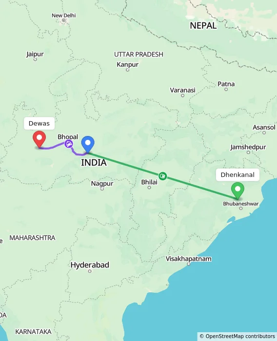 Route map showing distance and travel time from Dhenkanal, India to Dewas, India